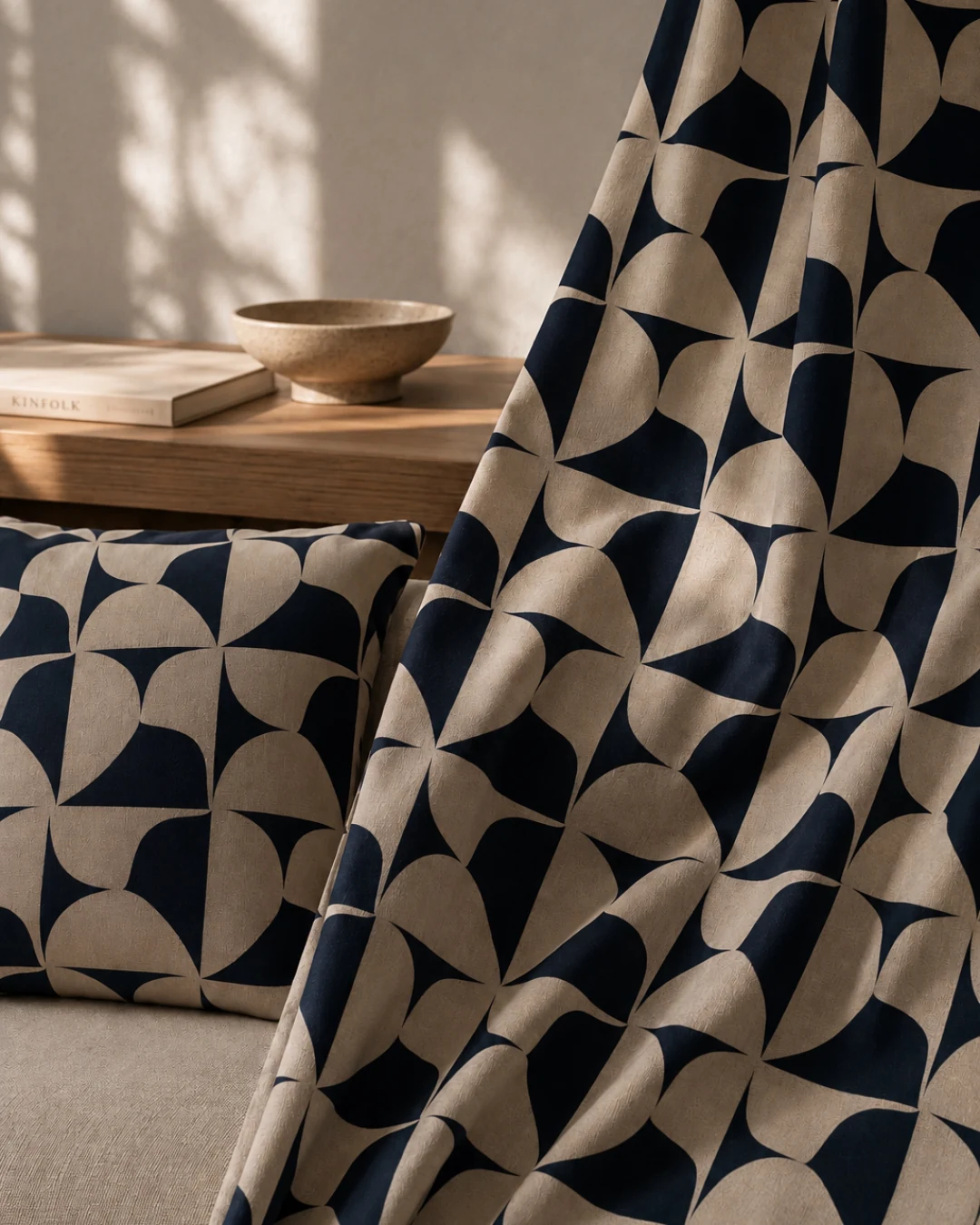 KATER LAB navy and cream pattern applied to interior textile and cushion